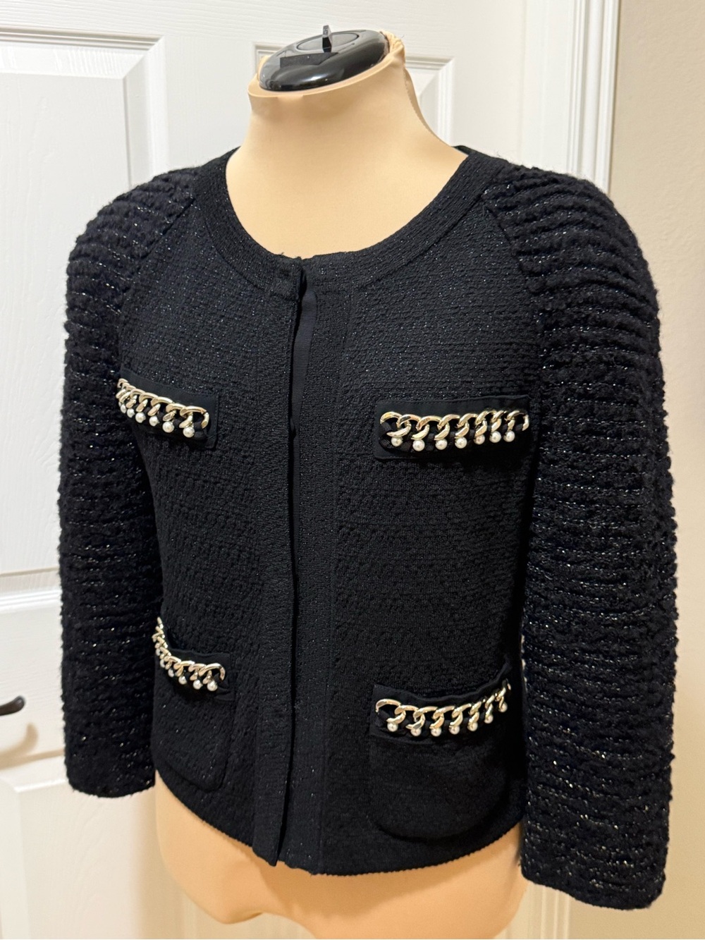 ST JOHN COUTURE Black Knit Jacket with Gold Chain Detail